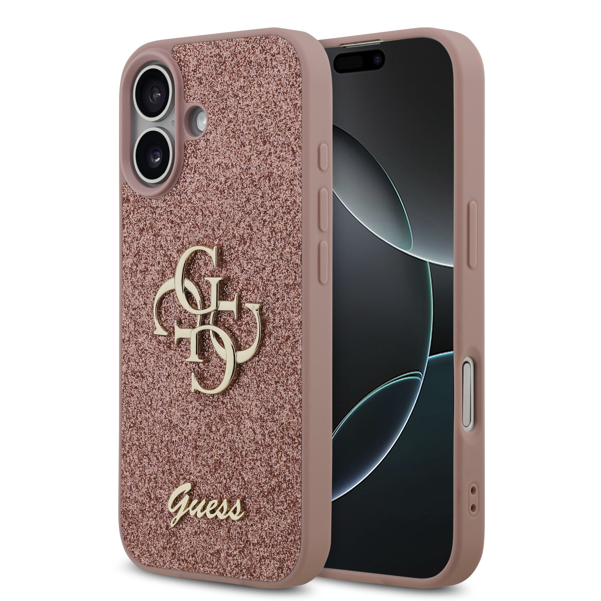 GUESS Калъф за iPhone 17, Fixed Glitter 4G Metal Logo, розов – GUHCP17SHG4SGP