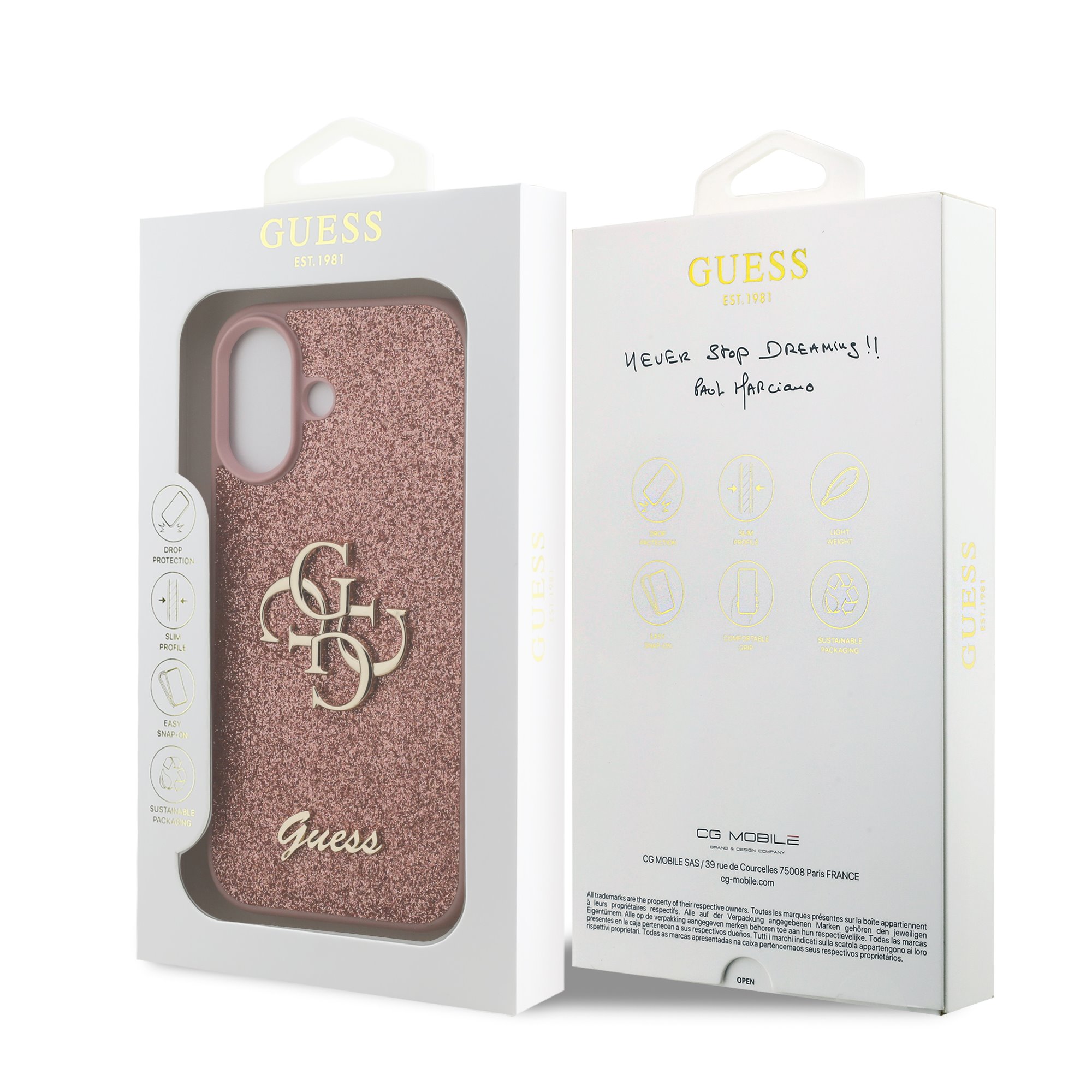 GUESS Калъф за iPhone 17, Fixed Glitter 4G Metal Logo, розов – GUHCP17SHG4SGP