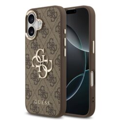 GUESS Калъф за iPhone 17, PU Leather 4G Gold Frame, кафяв – GUHCP17S4GMGCBR