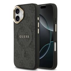 GUESS Калъф за iPhone 17, PU Leather 4G Gold Frame MagSafe, черен – GUHMP17SP4MSEGCK
