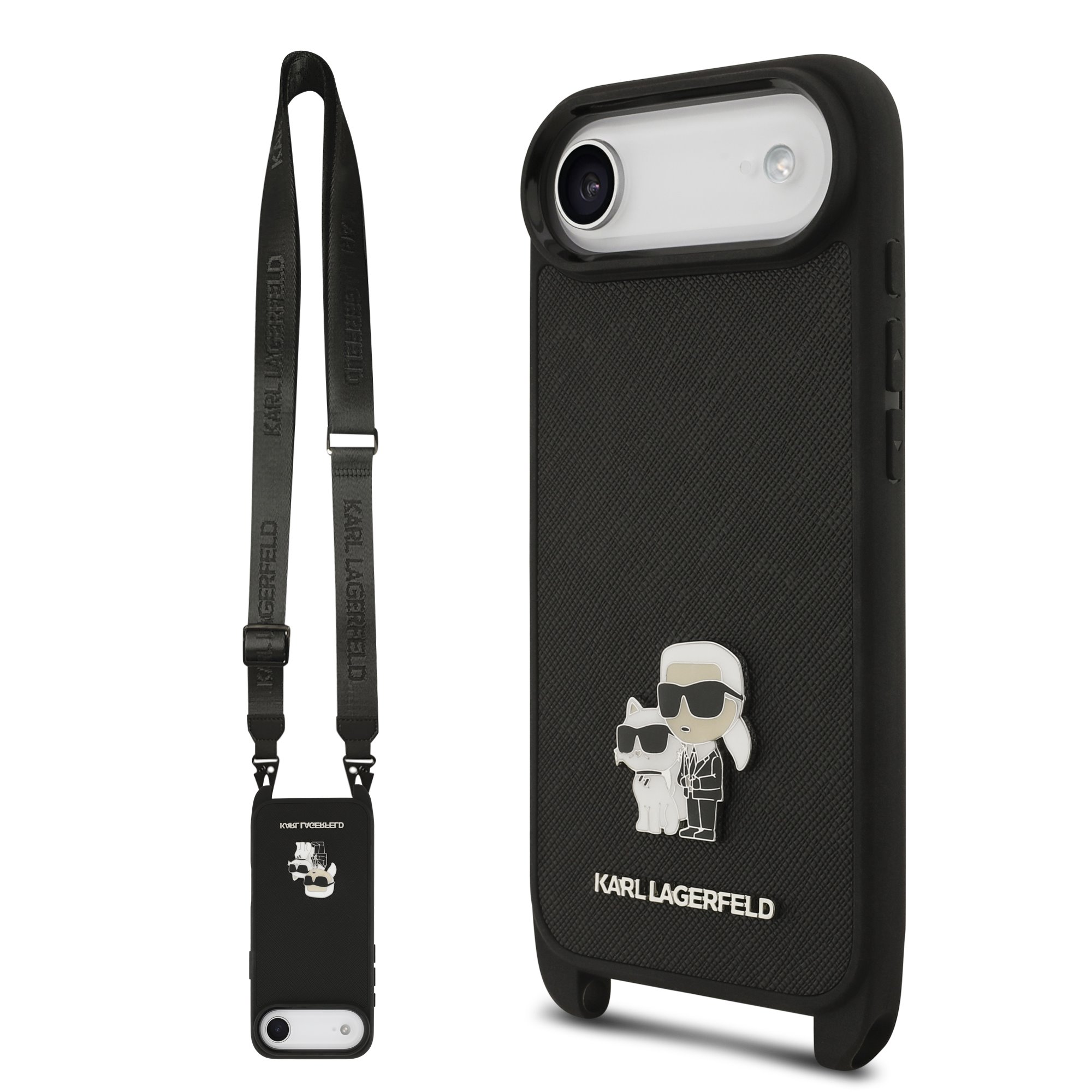 Karl Lagerfeld Калъф Apple iPhone 17 Air, Saffiano Metal K/C + Crossbody Strap /черен/ – KLHCP17MSAKCPBK