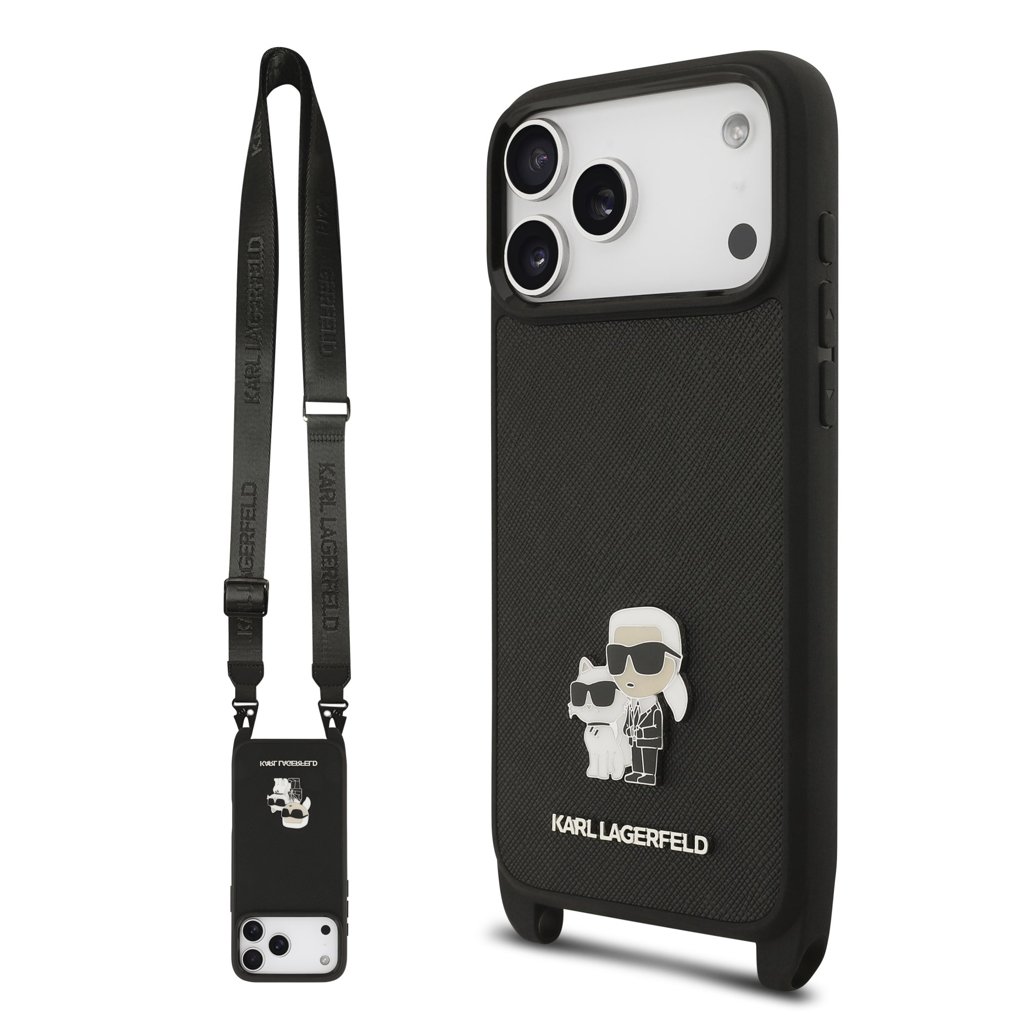 Karl Lagerfeld Калъф Apple iPhone 17 Pro, Saffiano Metal K/C + Crossbody Strap /черен/ – KLHCP17LSAKCPBK