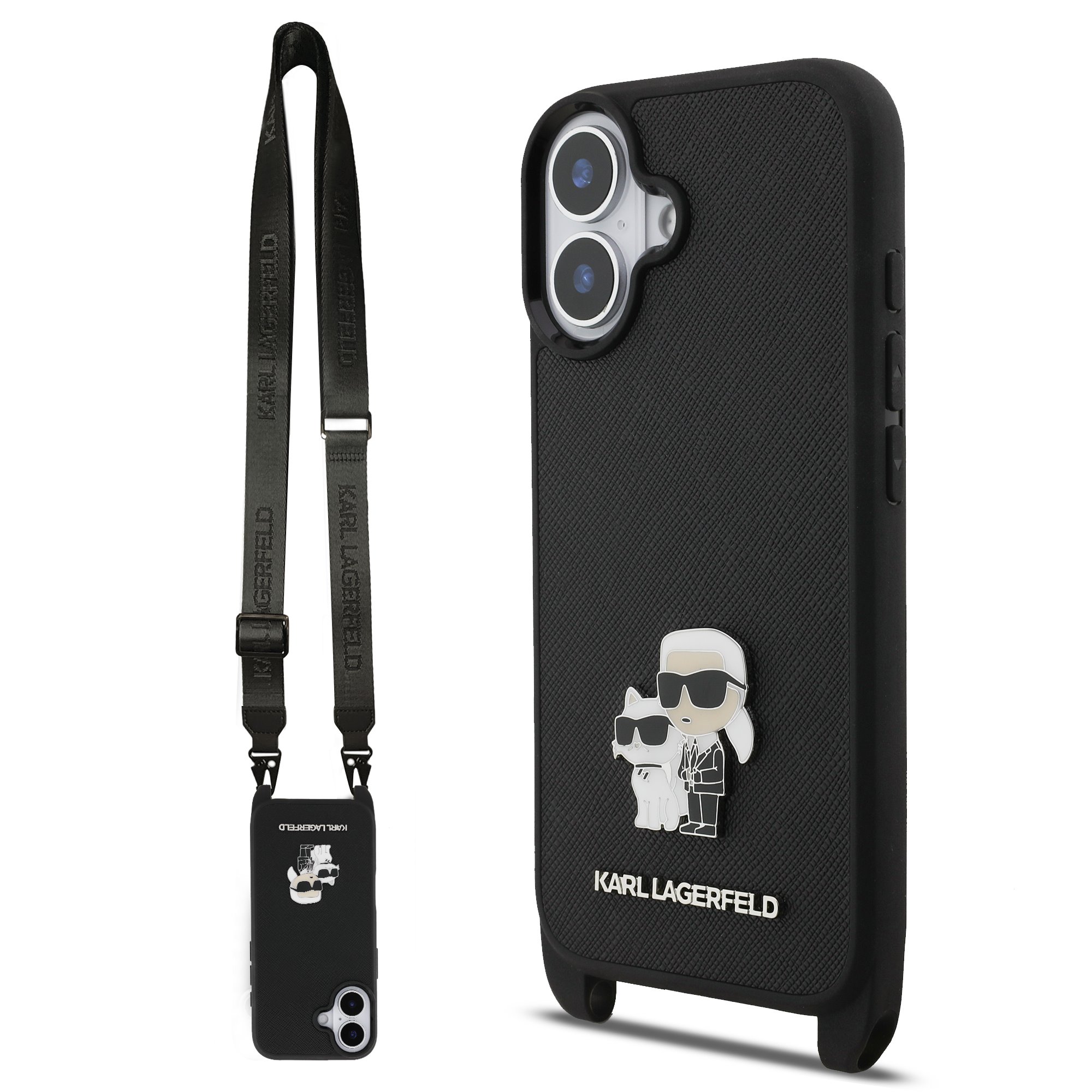 Karl Lagerfeld Калъф Apple iPhone 17, Saffiano Metal K/C + Crossbody Strap /черен/ – KLHCP17SSAKCPBK