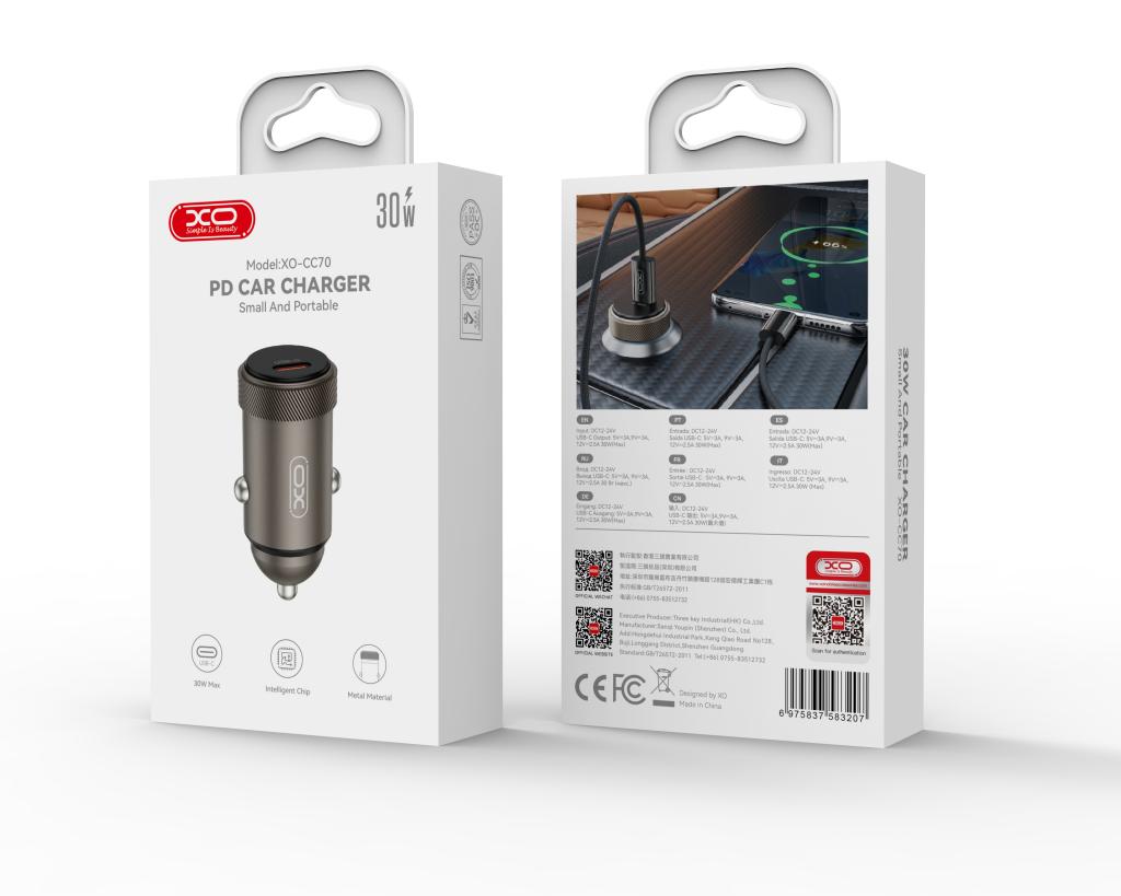 XO Зарядно устройство за автомобил 12V, 30W, 1C, Mini Metal CC70 /черен/