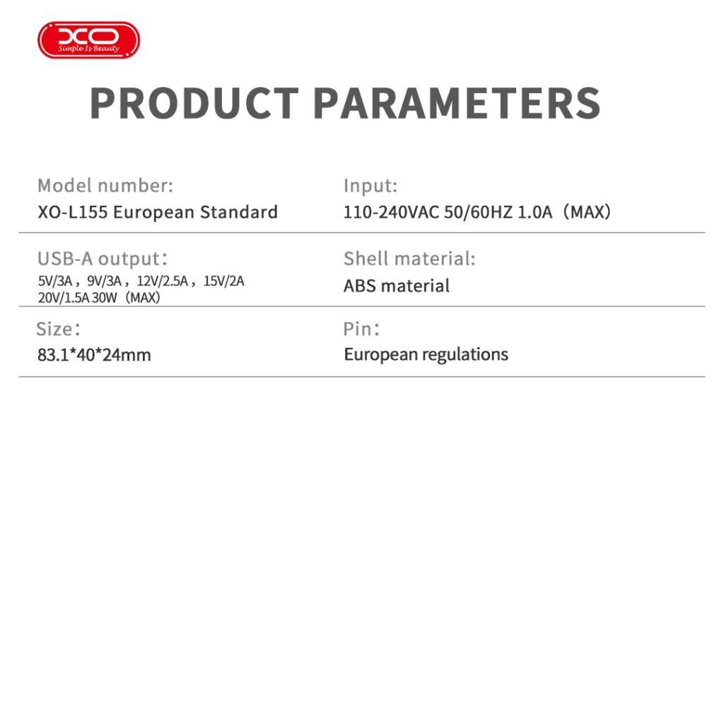 XO Зарядно устройство 220V 30W, USB-C L155