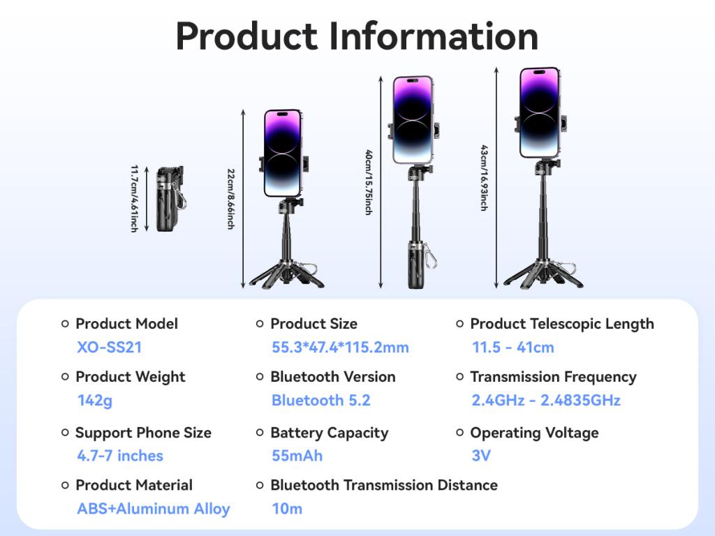 XO Селфи стик, Tripod Stand Mini SS21, Bluetooth /черен/