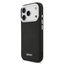 DKNY Калъф за iPhone 17 Pro, PU Leather Metal Logo MagSafe + Wrist Strap, черен – DKHMP17LPDHWSK