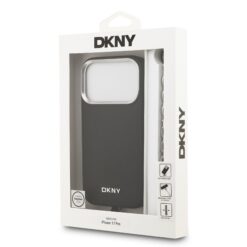 DKNY Калъф за iPhone 17 Pro, PU Leather Metal Logo MagSafe + Wrist Strap, черен – DKHMP17LPDHWSK