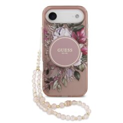 GUESS Калъф за iPhone 17 Air, IML Flowers Allover MagSafe + Wrist Strap