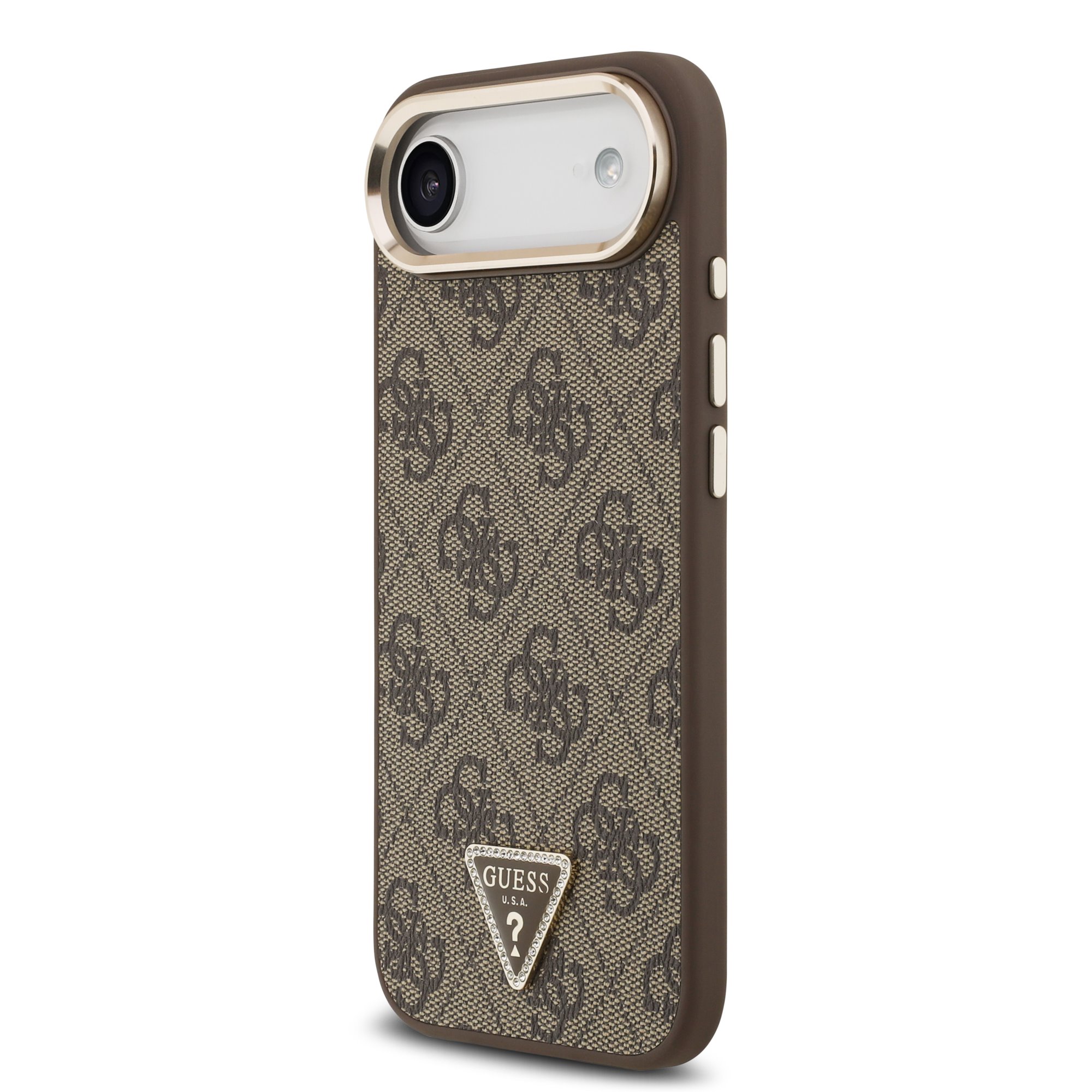 GUESS Калъф за iPhone 17 Air, PU Leather 4G Strass Triangle Logo Gold Frame MagSafe, кафяв – GUHMP17MP4GTDGMW