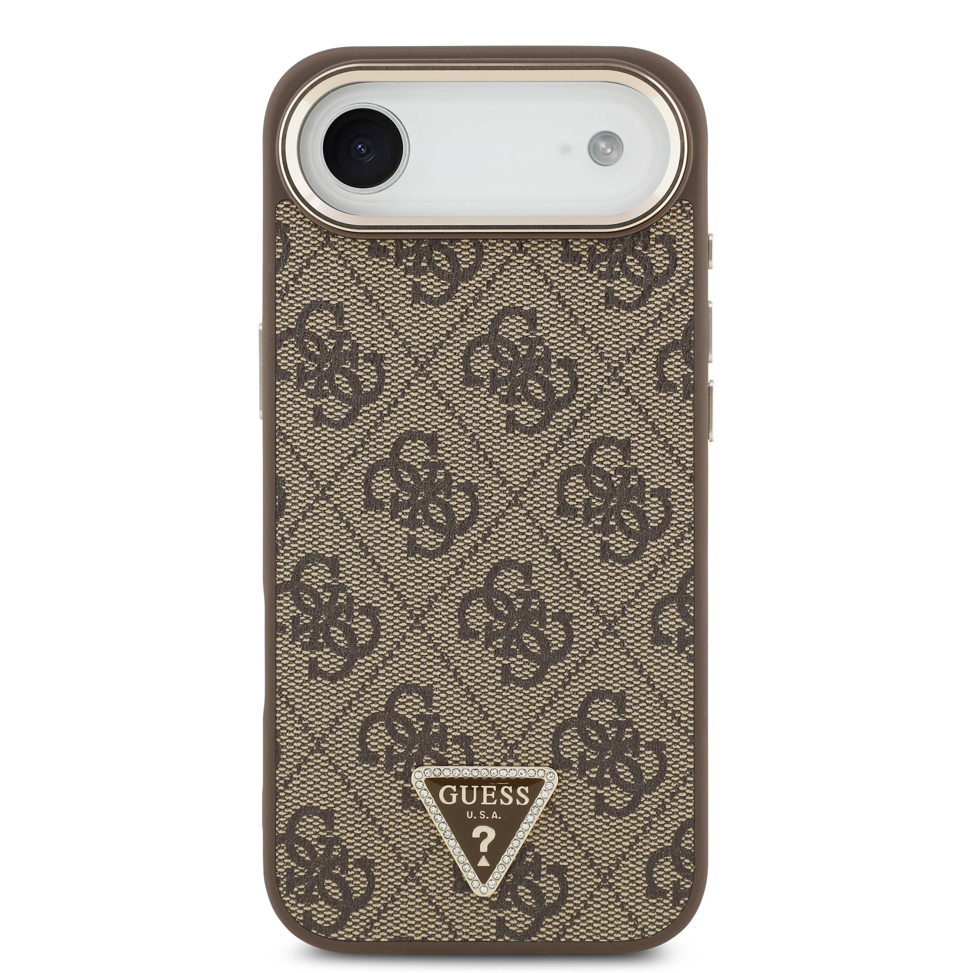 GUESS Калъф за iPhone 17 Air, PU Leather 4G Strass Triangle Logo Gold Frame MagSafe, кафяв – GUHMP17MP4GTDGMW
