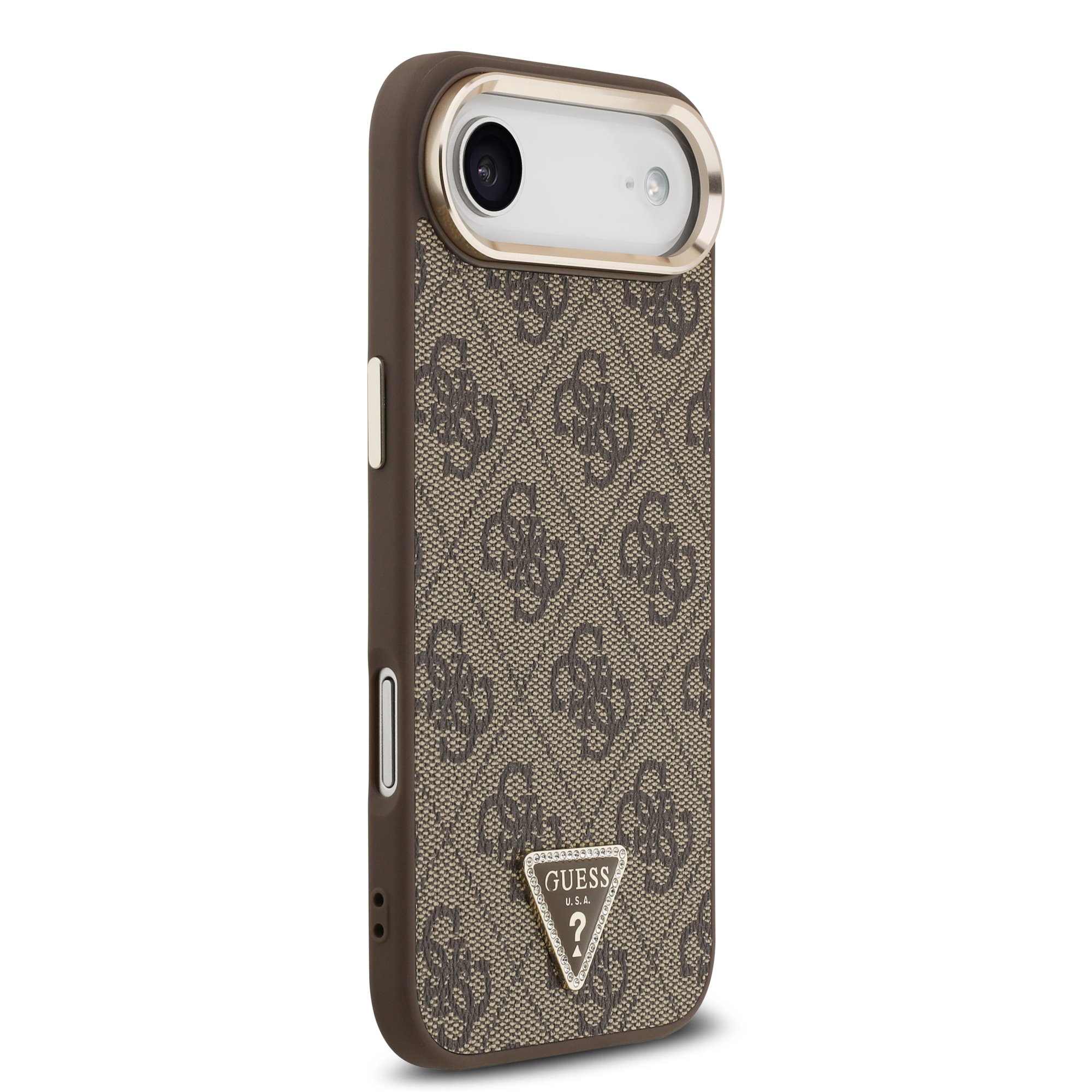 GUESS Калъф за iPhone 17 Air, PU Leather 4G Strass Triangle Logo Gold Frame MagSafe, кафяв – GUHMP17MP4GTDGMW