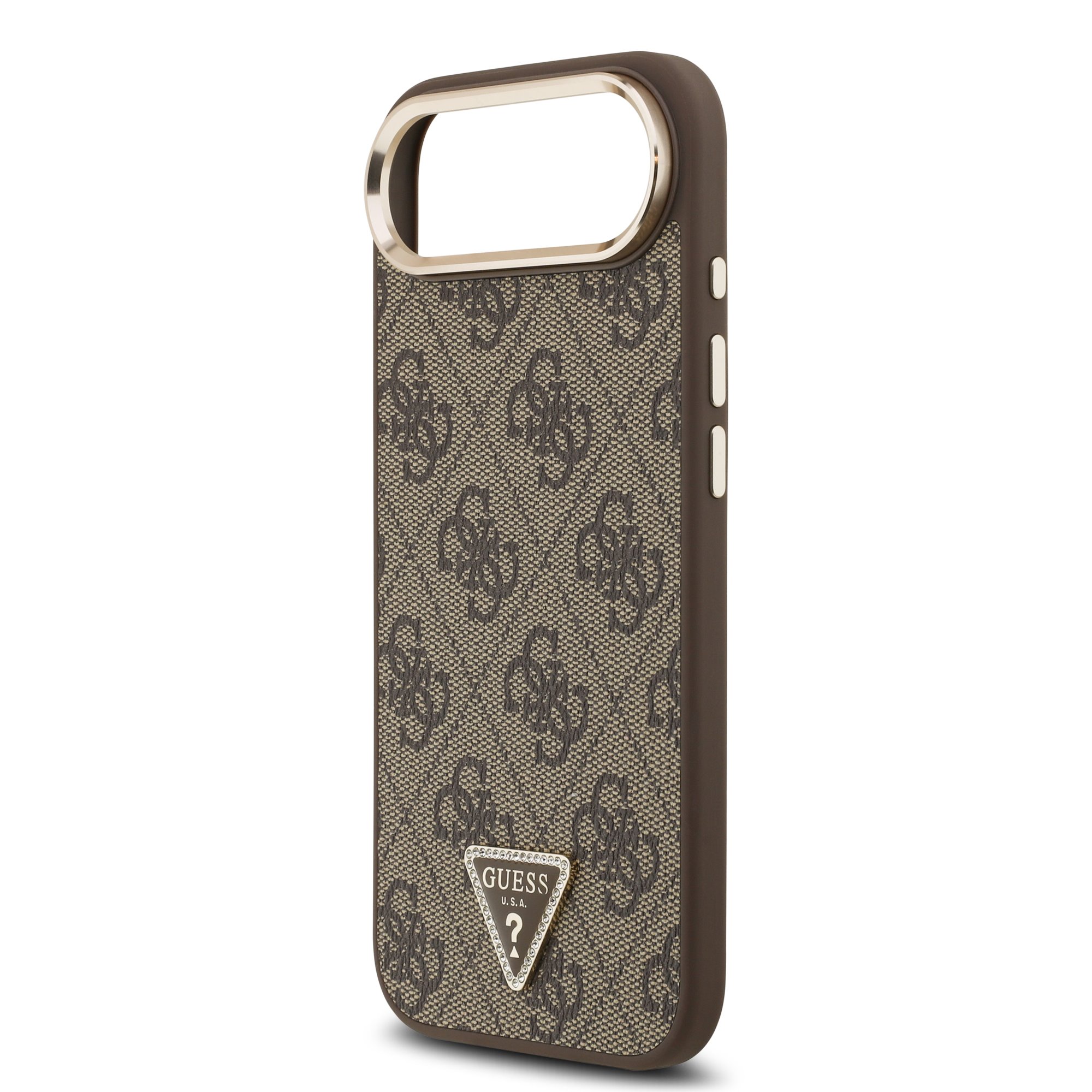 GUESS Калъф за iPhone 17 Air, PU Leather 4G Strass Triangle Logo Gold Frame MagSafe, кафяв – GUHMP17MP4GTDGMW