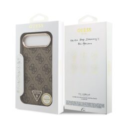 GUESS Калъф за iPhone 17 Air, PU Leather 4G Strass Triangle Logo Gold Frame MagSafe, кафяв – GUHMP17MP4GTDGMW
