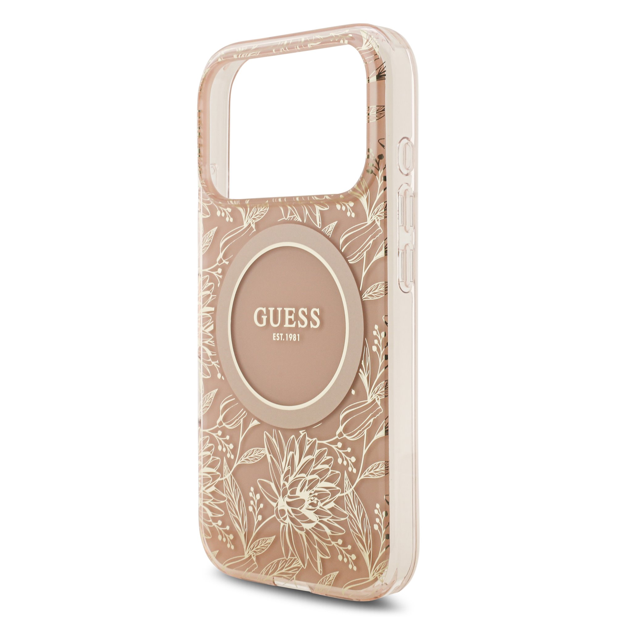 GUESS Калъф за iPhone 17 Pro, IML Flowers Allover MagSafe + Wrist Strap, розов – GUHMP17LHCPOFPP
