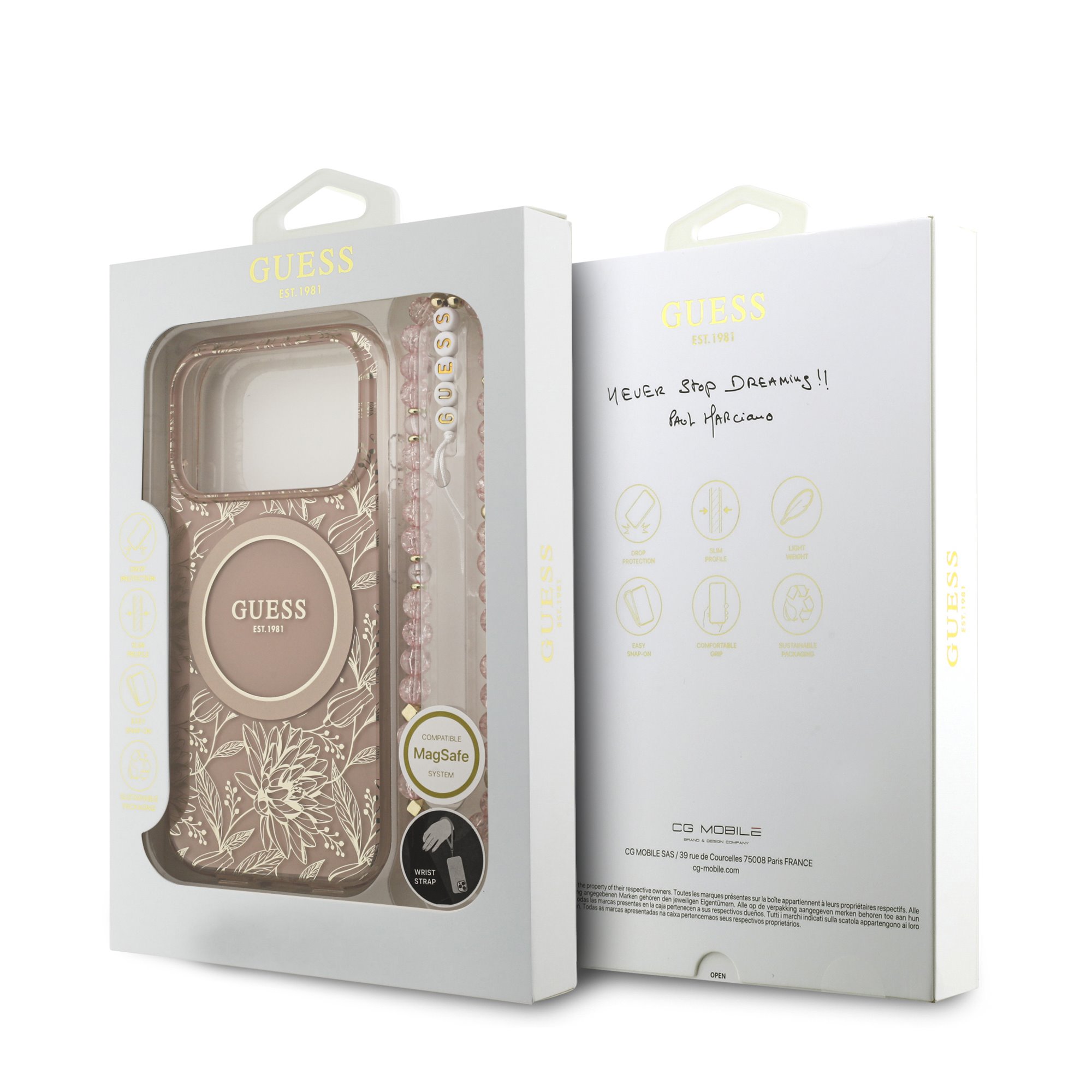 GUESS Калъф за iPhone 17 Pro, IML Flowers Allover MagSafe + Wrist Strap, розов – GUHMP17LHCPOFPP