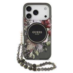 GUESS Калъф Apple iPhone 17 Pro Max, IML Flowers Allover MagSafe + Wrist Strap, черен – GUHMP17XHFWBRCESK