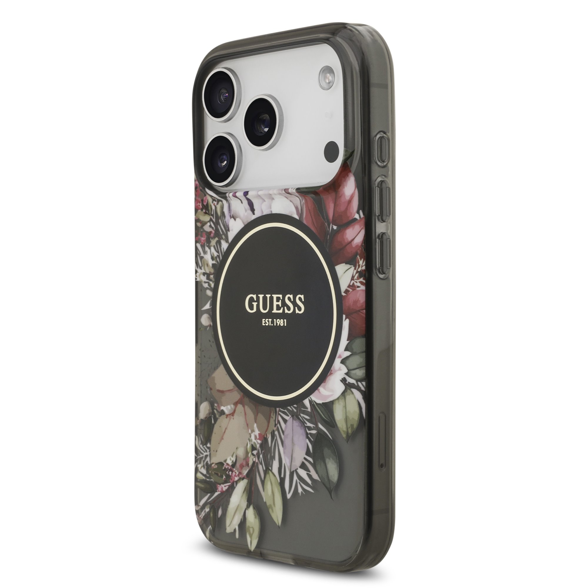GUESS Калъф Apple iPhone 17 Pro Max, IML Flowers Allover MagSafe + Wrist Strap, черен – GUHMP17XHFWBRCESK