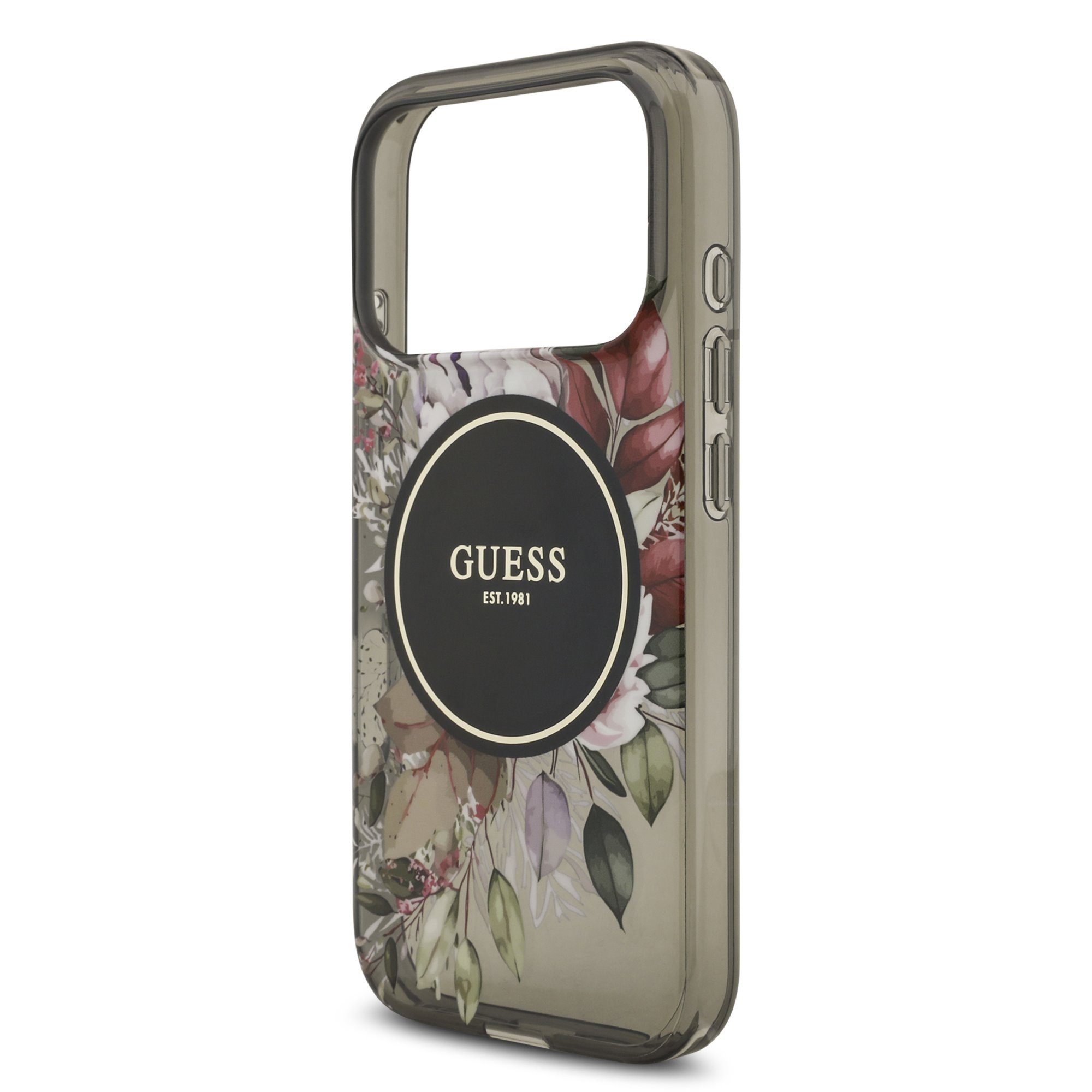 GUESS Калъф Apple iPhone 17 Pro Max, IML Flowers Allover MagSafe + Wrist Strap, черен – GUHMP17XHFWBRCESK