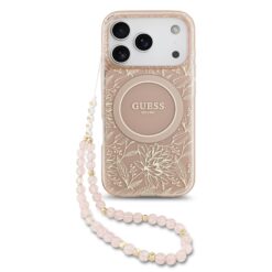 GUESS Калъф за iPhone 17 Pro Max, IML Flowers Allover MagSafe + Wrist Strap