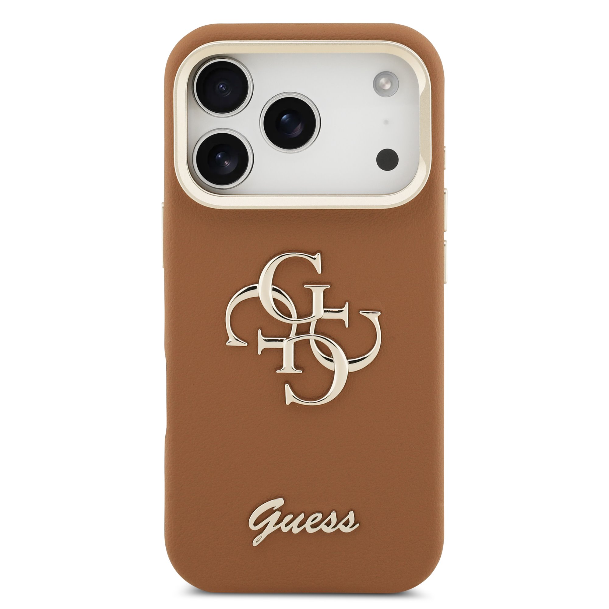 GUESS Калъф за iPhone 17 Pro Max, PU Grained 4G Logo Stand Camera Frame, кафяв – GUHCP17XPCS4GSW