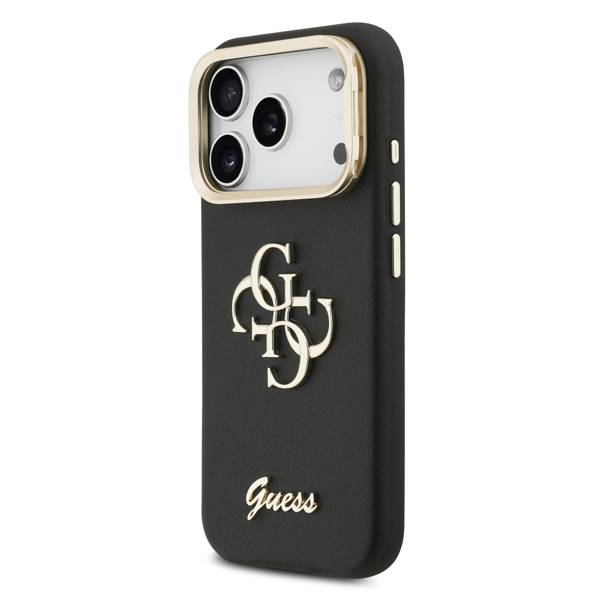 GUESS Калъф за iPhone 17 Pro, PU Grained 4G Logo Stand Camera Frame, черен – GUHCP17LPCS4GSK