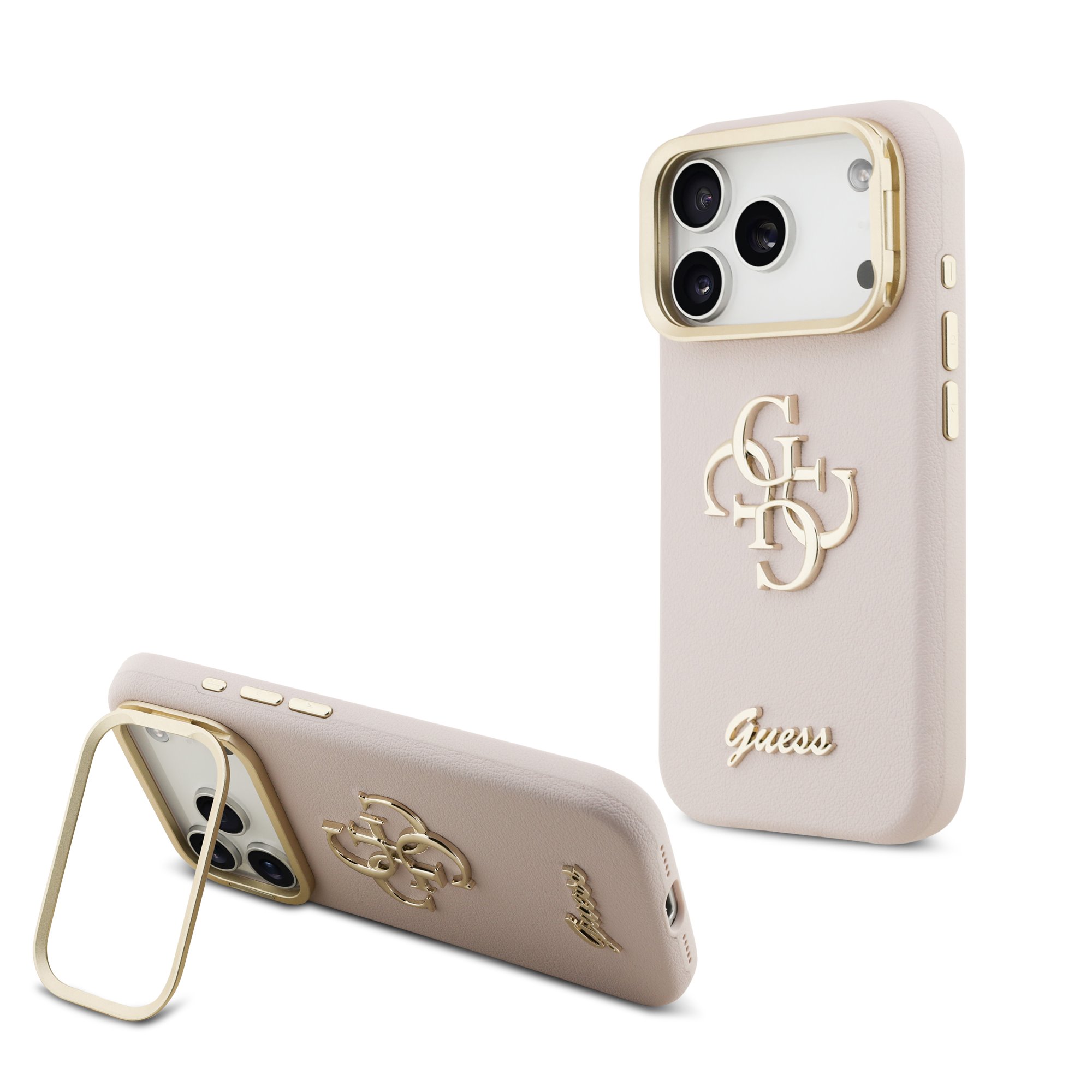 GUESS Калъф за iPhone 17 Pro, PU Grained 4G Logo Stand Camera Frame, розов – GUHCP17LPCS4GSP