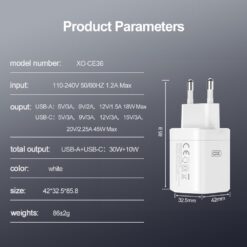Зарядно устройство 220V 45W, A + C, GaN Nitride, бял – CE36