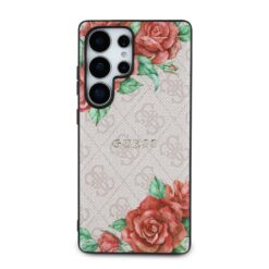 GUESS Калъф за Samsung S25 Ultra, PU Leather 4G Flowers Print Metal Classic Logo MagSafe, розов – GUHMS25LP4ROPEMCP
