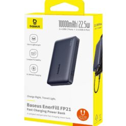 BASEUS Power Bank 10000 mAh 22.5W + кабел Type-C – Type-C, EnerFill FC51 Bipow 2 Pro /черен/ –  EnerFill EP21