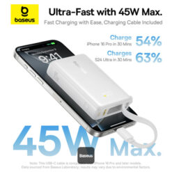 BASEUS Power Bank 10000 mAh, 45W + вграден кабел C, PicoGo /бял/ – P10076803213-00