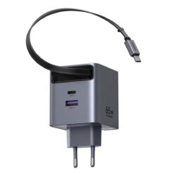 UGREEN 220V 65W, USB-A + USB-C + кабел C, GaN /графит/ – X615 / 65825