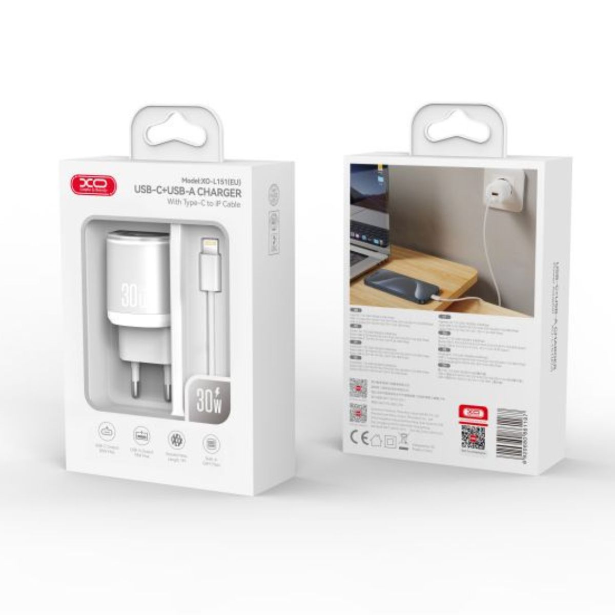 XO 220V 30W, USB-A + USB-C + кабел Type-C -Lightning, L151 /бял/
