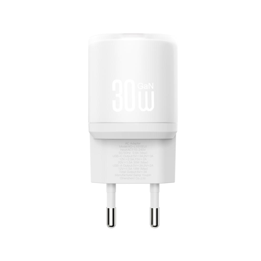 XO 220V 30W, USB-A + USB-C + кабел Type-C -Lightning, L151 /бял/