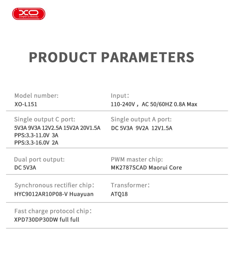XO 220V 30W, USB-A + USB-C + кабел Type-C -Lightning, L151 /бял/