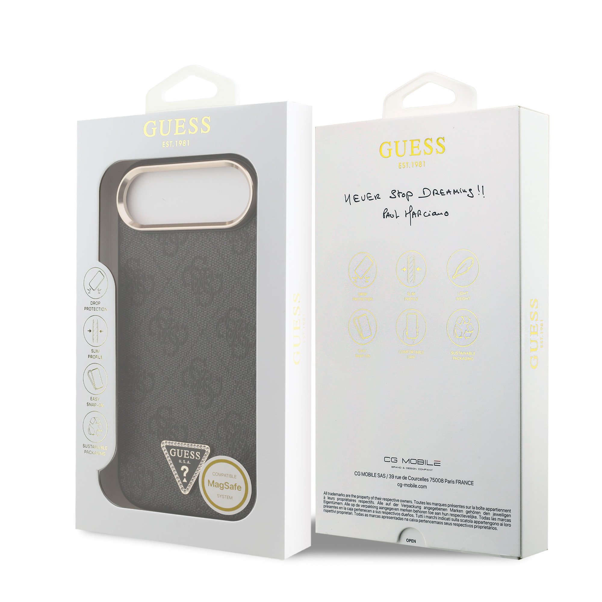 GUESS Калъф Apple iPhone 17 Air, PU Leather 4G Strass Triangle Logo Gold Frame MagSafe, /черен/ – GUHMP17MP4GTDGMK