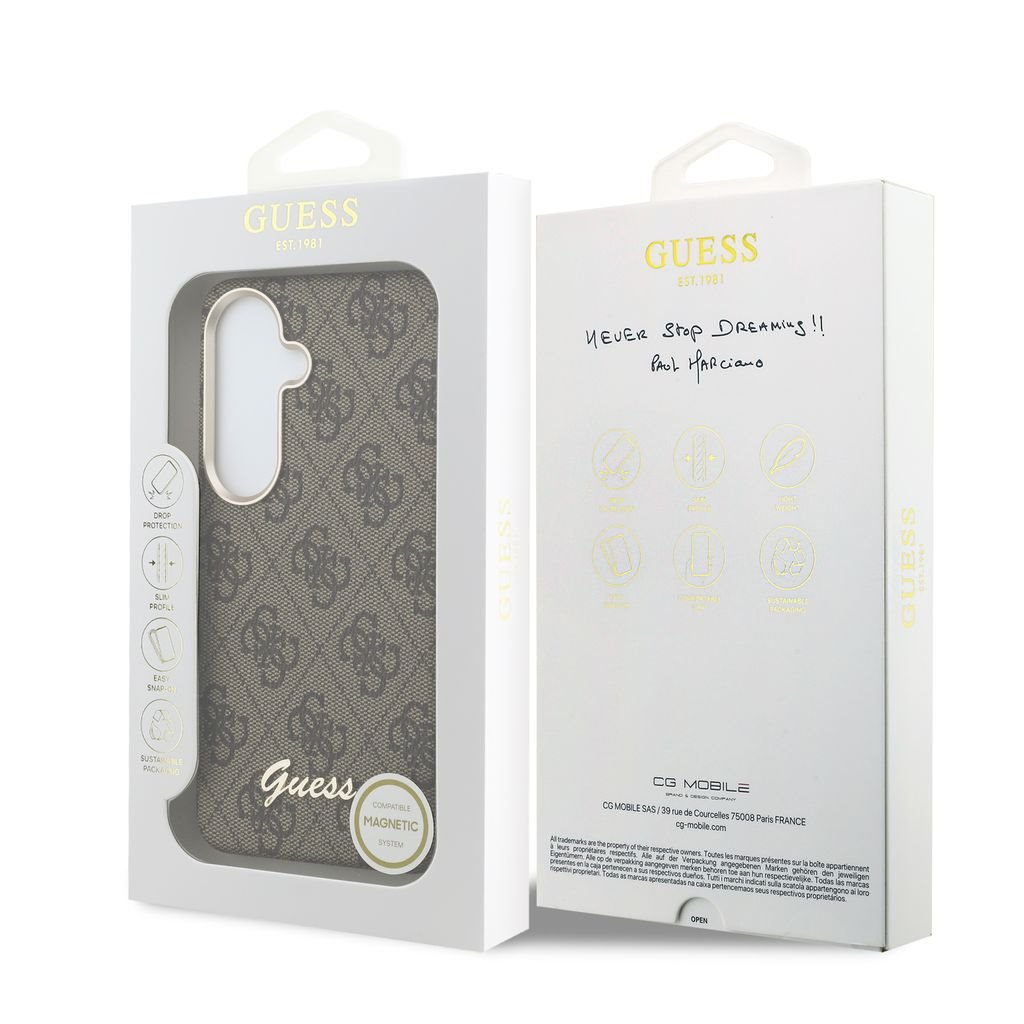 GUESS Калъф Samsung S26, PU 4G Script Metal Logo MagSafe /кафяв/ – GUHMS26S5P4FWMSW