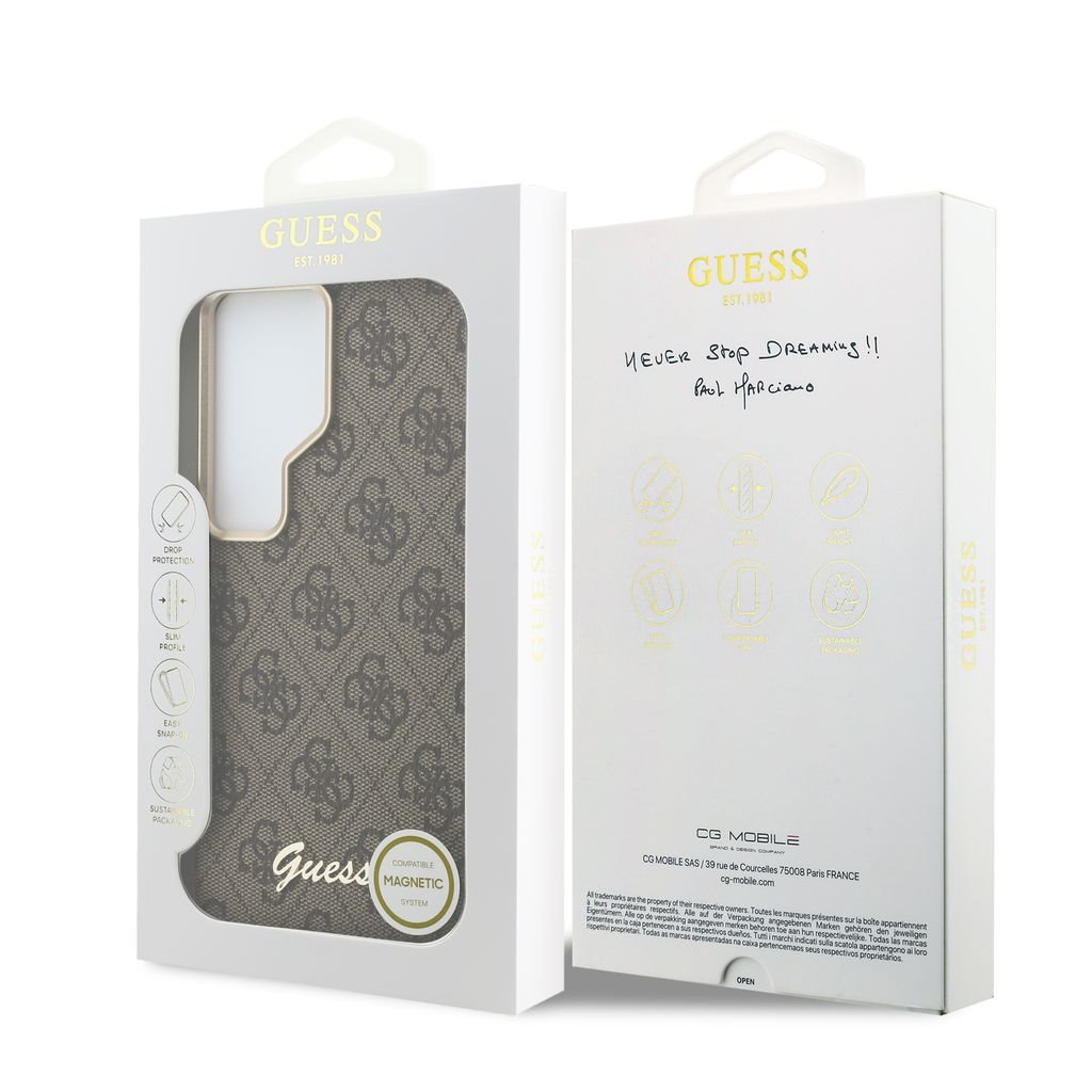 GUESS Калъф Samsung S26 Ultra, PU 4G Script Metal Logo MagSafe /кафяв/ – GUHMS26L5P4FWMSW