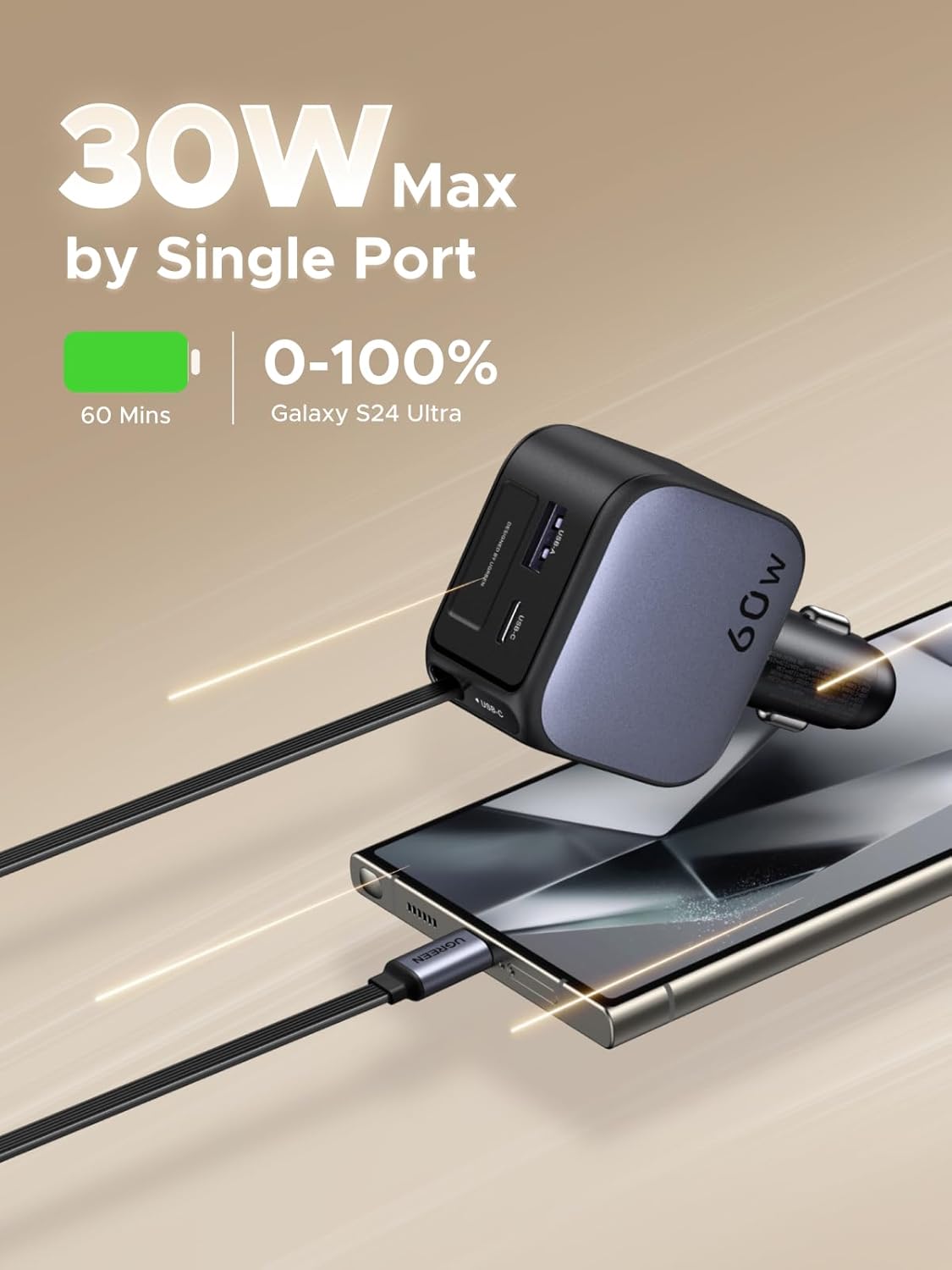 UGREEN 12V 60W, USB-A + USB-C + кабел Type-C, /графит/ – EC602 / 55212B