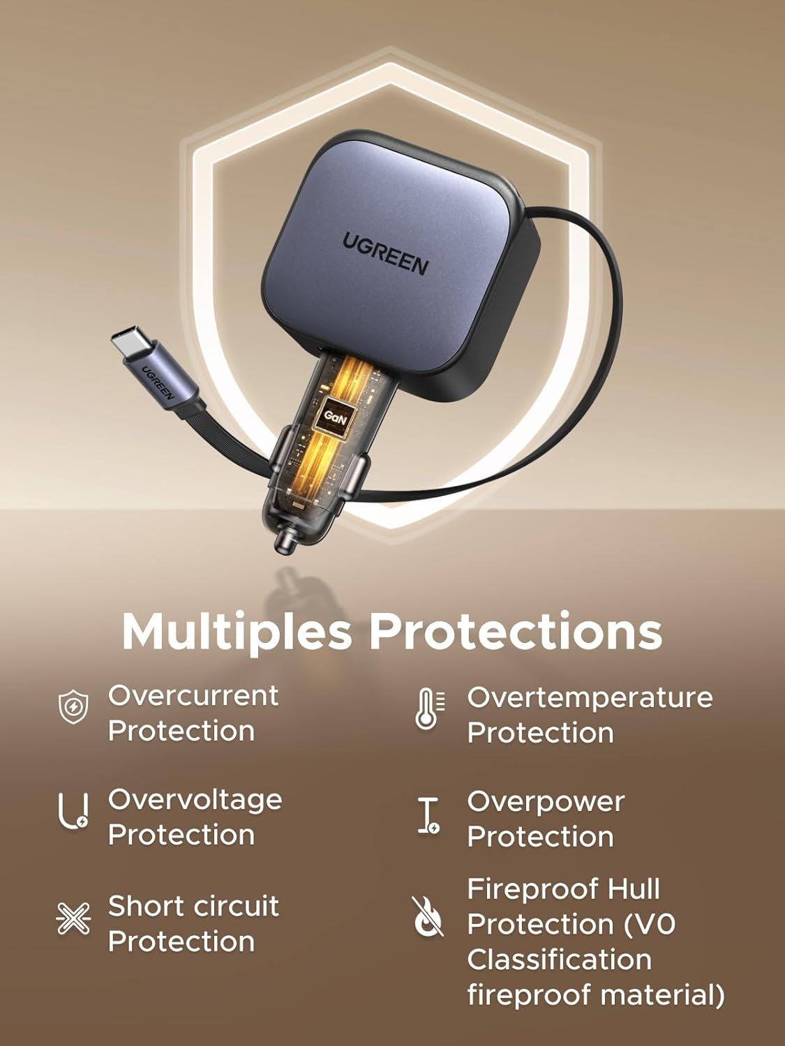 UGREEN 12V 60W, USB-A + USB-C + кабел Type-C, /графит/ – EC602 / 55212B