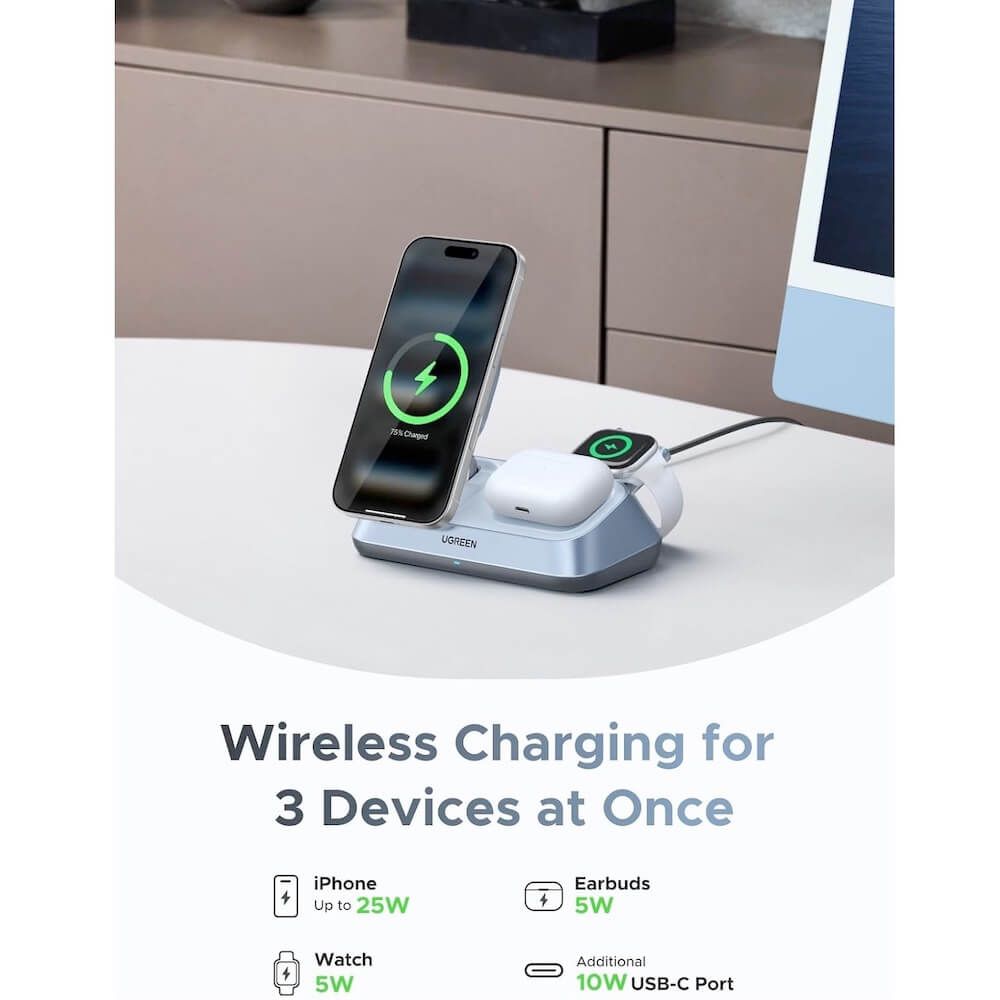 UGREEN Холдер + 3-в-1 Зарядна станция Wireless Magnetic Qi2 /сив/ – W711 / 55677