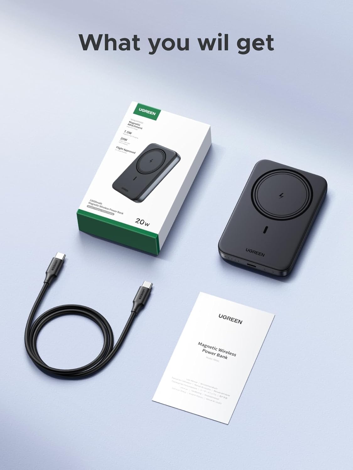 UGREEN Power Bank 10000 mAh 20W, Magnetic Wireless /графит/ – PB561 / 25919