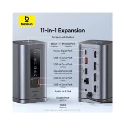 BASEUS Хъб 11-в-1 Spacemate от Type-C към 2xUSB3.0+1xUSB2.0+2xHDMI 4K+USB-C(PD)100W+USB-C(data)+2xDP+RJ45+AUX/m/3.5mm /сив/ – B00568101813-00