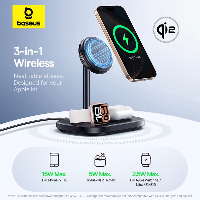 BASEUS Холдер + 3-в-1 Charging station Wireless Magnetic Qi2 15W EnerFill FS41, за бюро /черен/ – P10281904123-02