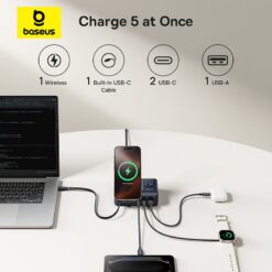 BASEUS Холдер + 5-в-1 Charging station Wireless Magnetic Qi2 140W Nomos, за бюро /черен/ – P10170902123-00