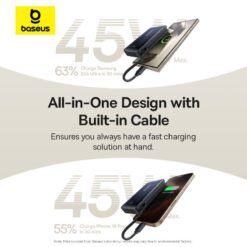 BASEUS Power Bank 10000 mAh, 45W PicoGo Qi2 Nomos Magnetic + вграден кабел Type-C + стойка /`черен/ – P10078800123-00