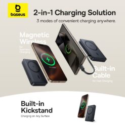 BASEUS Power Bank 10000 mAh, 45W PicoGo Qi2 Nomos Magnetic + вграден кабел Type-C + стойка /`черен/ – P10078800123-00