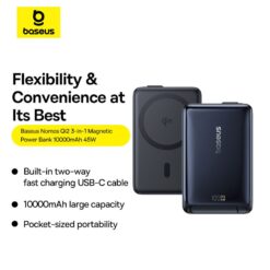 BASEUS Power Bank 10000 mAh, 45W PicoGo Qi2 Nomos Magnetic + вграден кабел Type-C + стойка /`черен/ – P10078800123-00