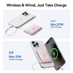 BASEUS Power Bank 5000 mAh 20W,PicoGo AM31 Ultra-mini Qi2 Magnetic + стойка /розов/ – P1007680B453-00